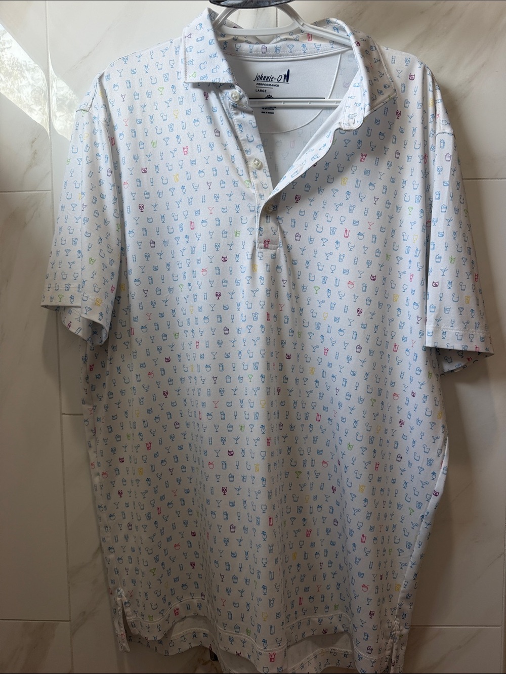 johnnie-O White Polo with Multicolor Micro Icons